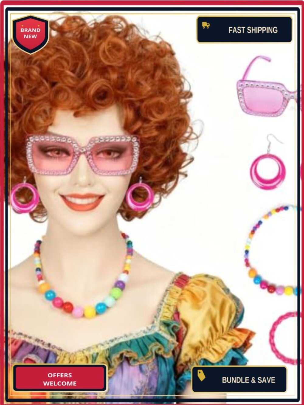Short Curly Heat Resistant Synthetic Costume Wig with Jewelry Set
